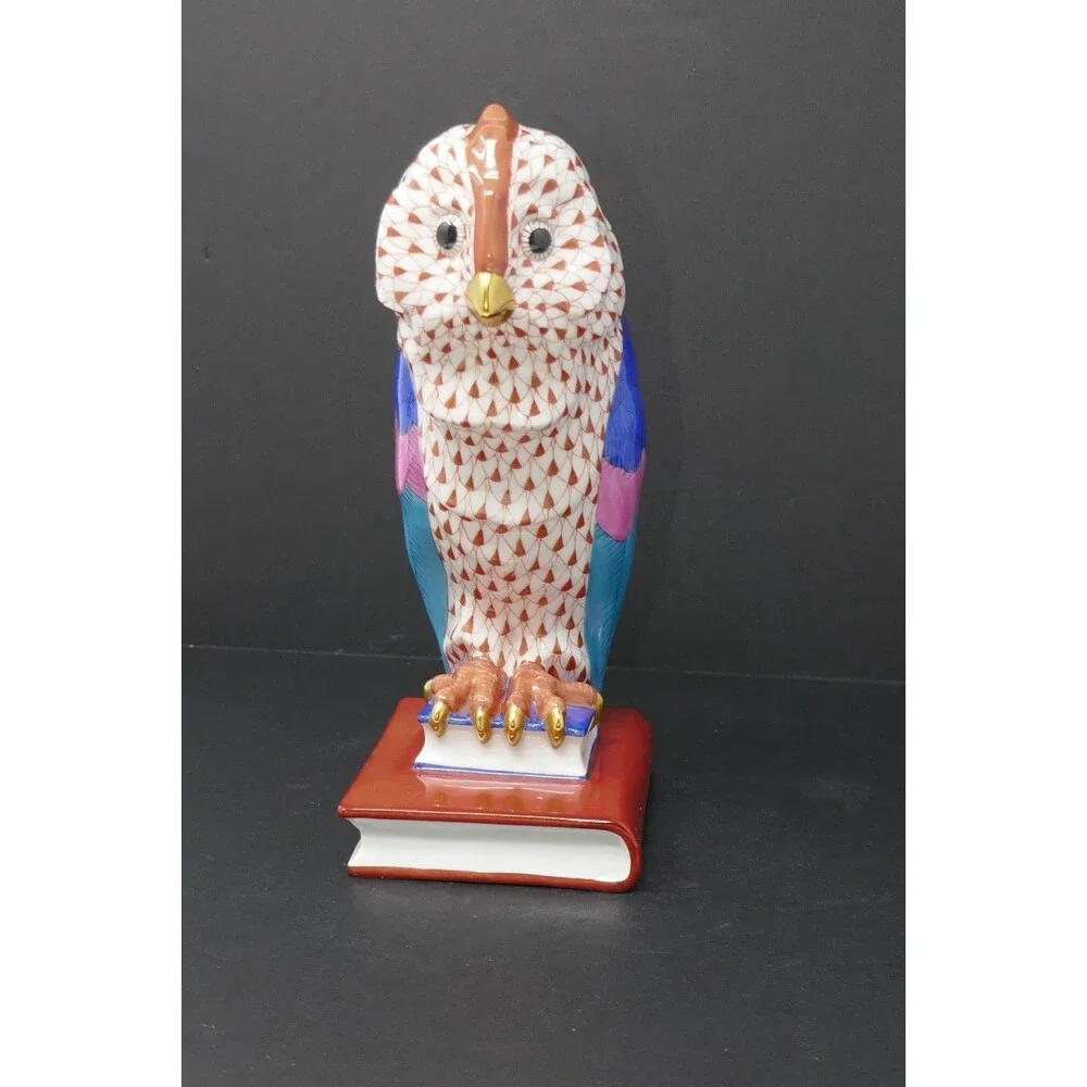 Herend Fishnet Owl on Books Medium Handpainted Porcelain Figurine 5104 Hungary - Picture 2 of 15